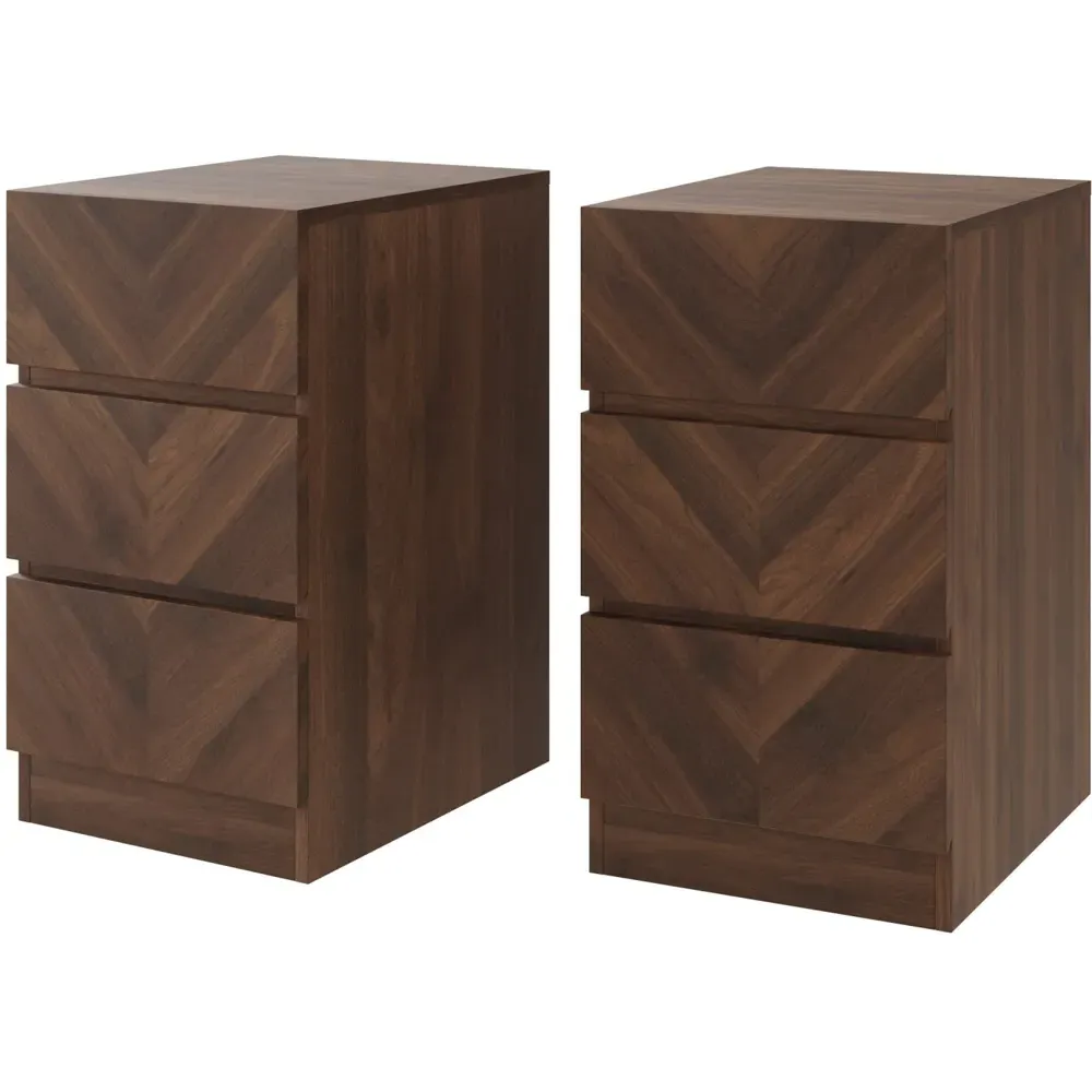 Catania 3 Drawer Bedside Table Set of 2 - Brown, Royal Walnut