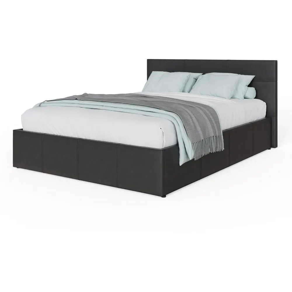 Double Ottoman Bed with Storage - Black, Faux Leather
