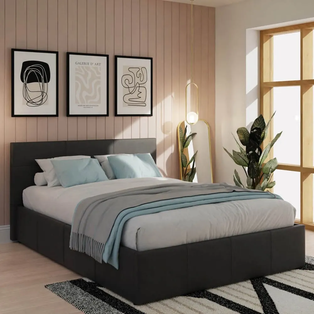 Double Ottoman Bed with Storage - Black, Faux Leather