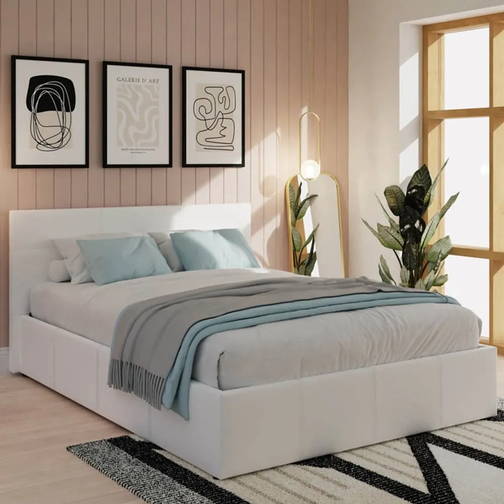Double Ottoman Bed with Storage - White, Faux Leather