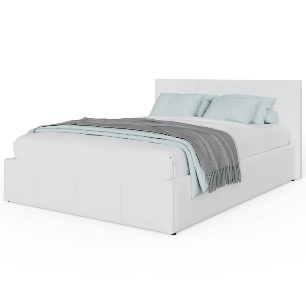 Double Side Lift Ottoman Bed with Storage - White, Faux Leather