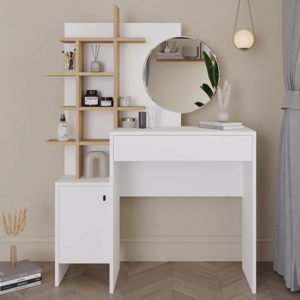 Freyja Single Door Dressing Table with Mirror - White, Oak