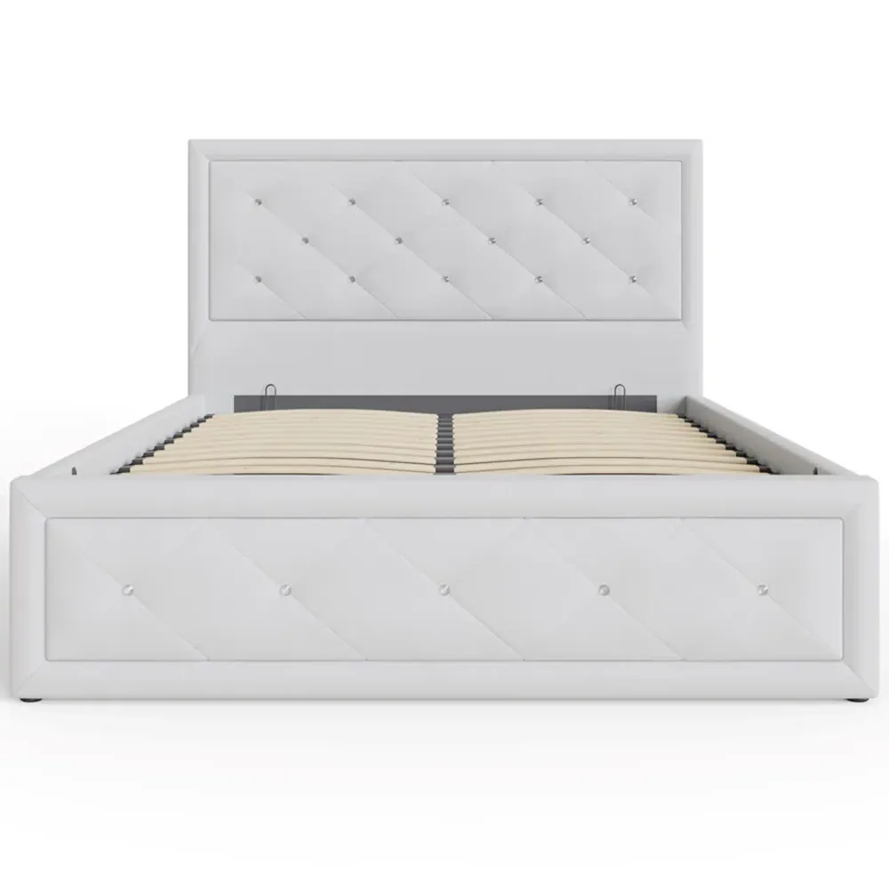 Hollywood Double Ottoman Bed with Storage - White, Faux Leather