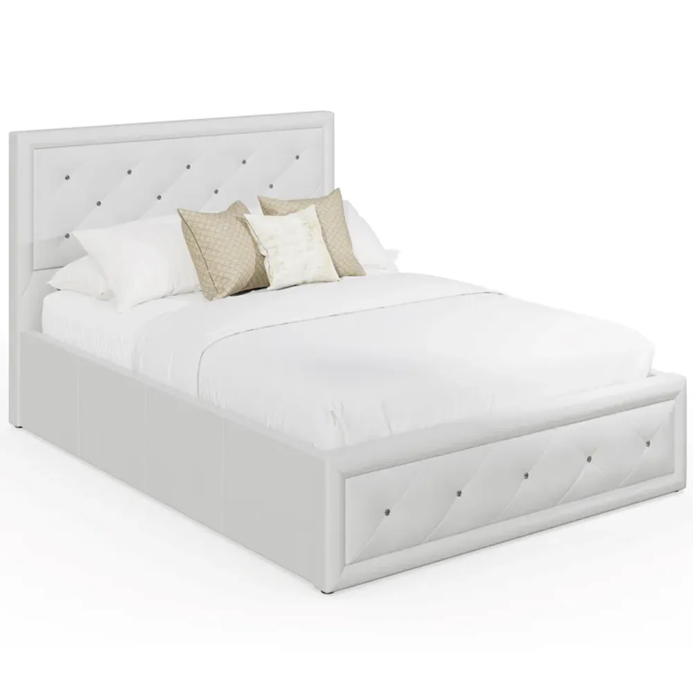 Hollywood Double Ottoman Bed with Storage - White, Faux Leather
