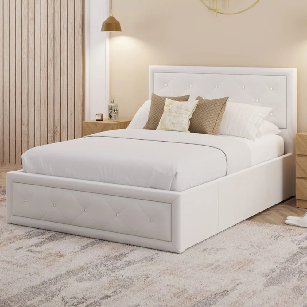 Hollywood Double Ottoman Bed with Storage - White, Faux Leather