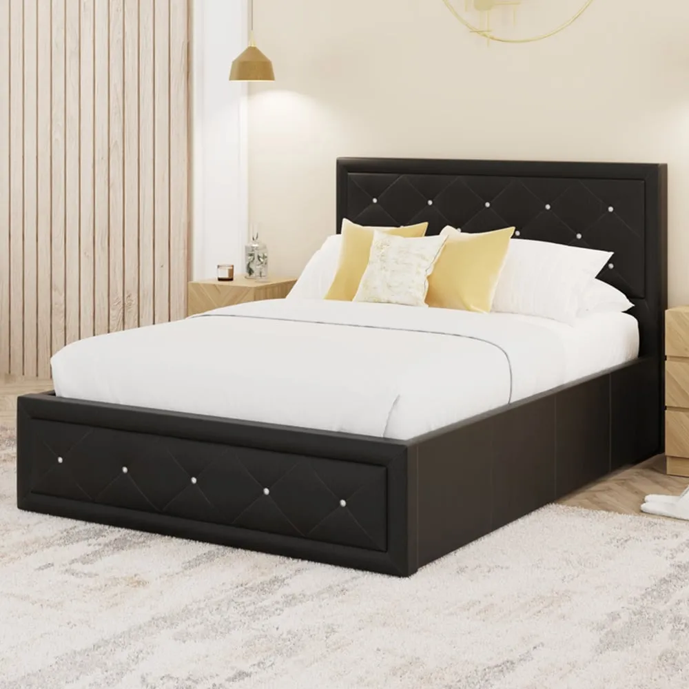 Hollywood King Size Ottoman Bed with Storage - Black, Faux Leather