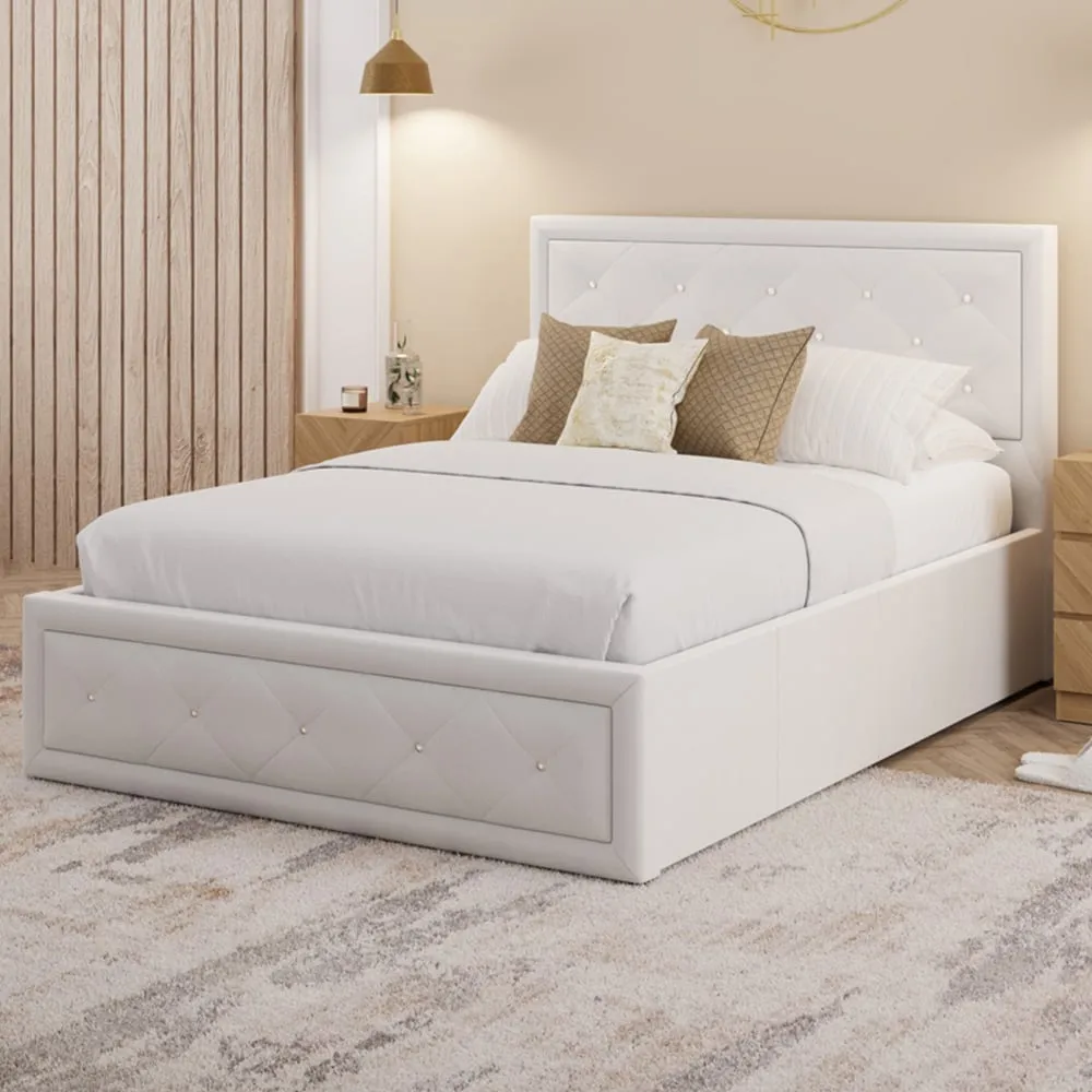 Hollywood King Size Ottoman Bed with Storage - White, Faux Leather