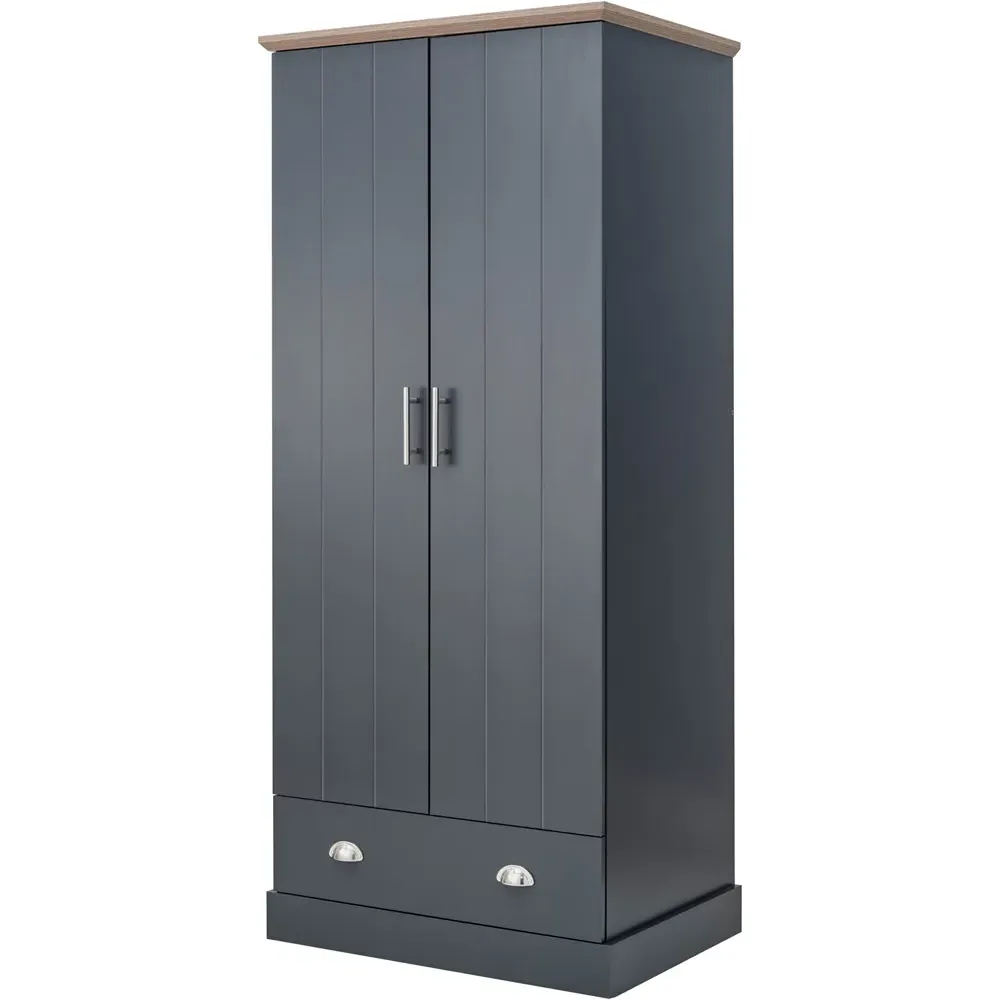 Kendal 2 Door Wardrobe with Drawer - Slate Blue, Oak