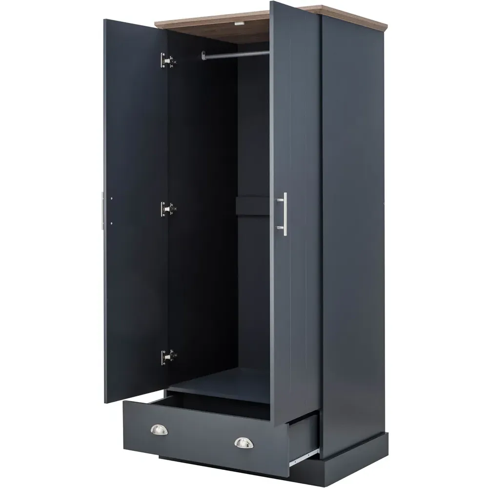 Kendal 2 Door Wardrobe with Drawer - Slate Blue, Oak