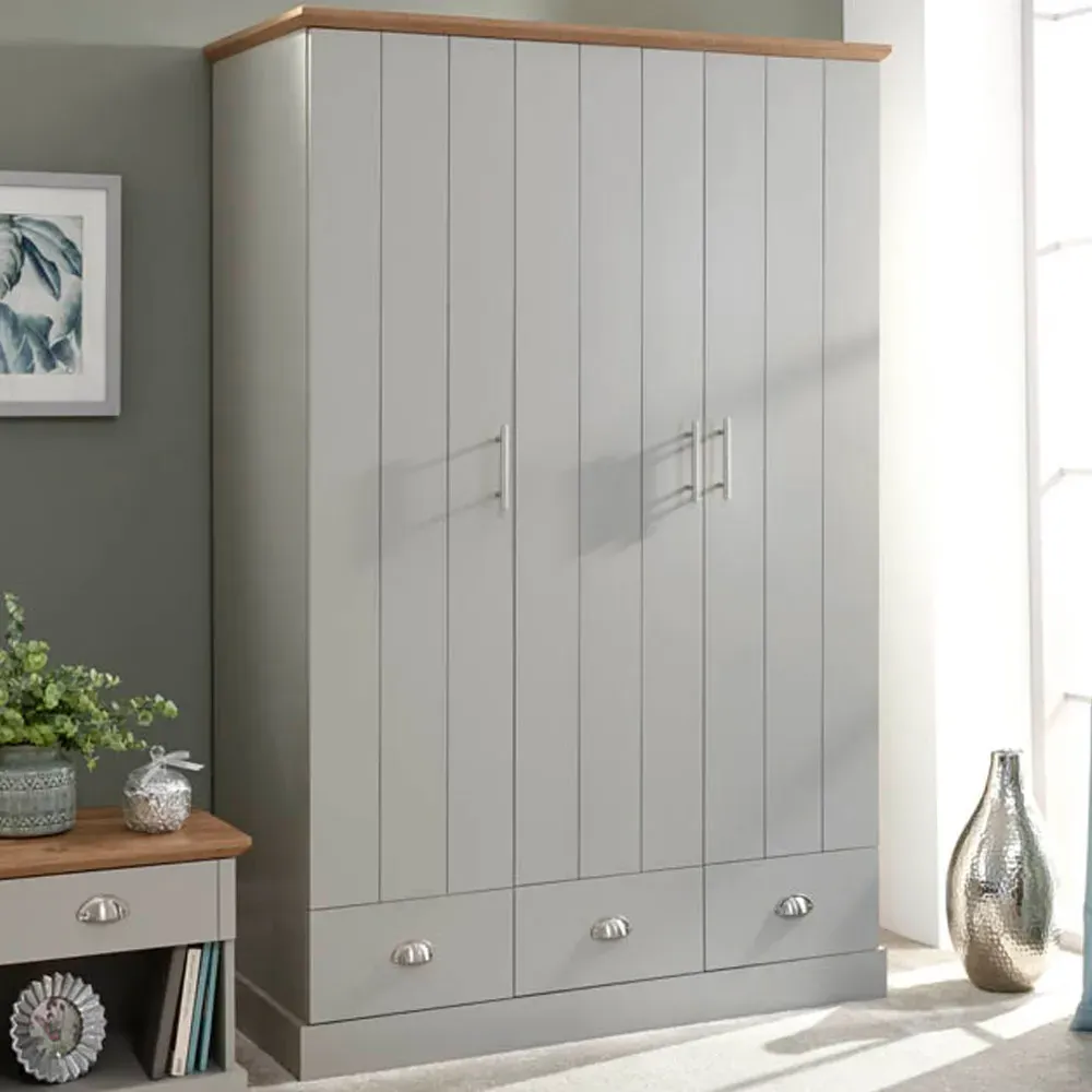 Kendal 3 Door 3 Drawer Wardrobe - Grey, Oak Effect image