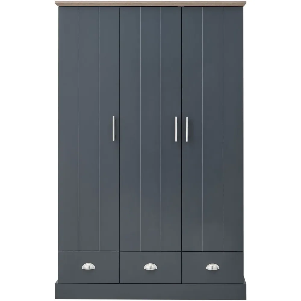 Kendal 3 Door 3 Drawer Wardrobe - Slate Blue, Oak Effect