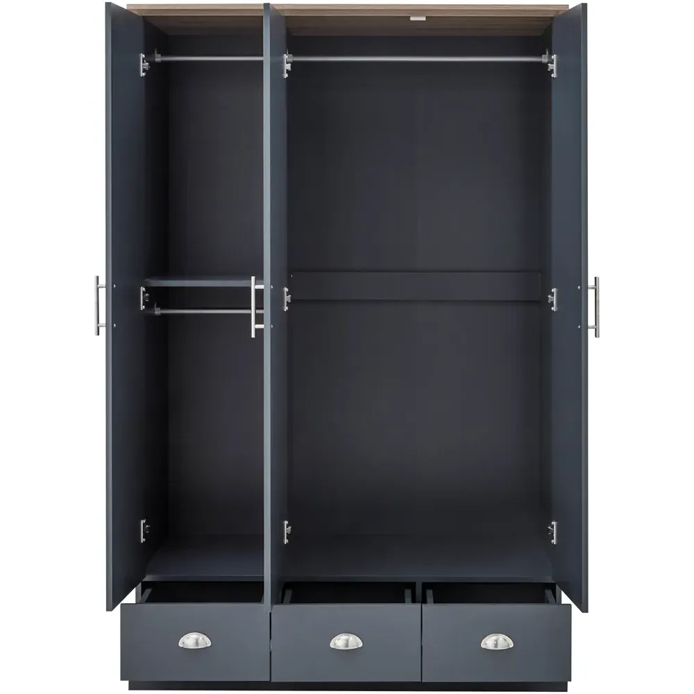 Kendal 3 Door 3 Drawer Wardrobe - Slate Blue, Oak Effect