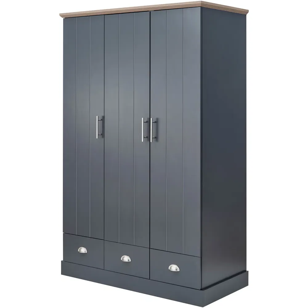 Kendal 3 Door 3 Drawer Wardrobe - Slate Blue, Oak Effect
