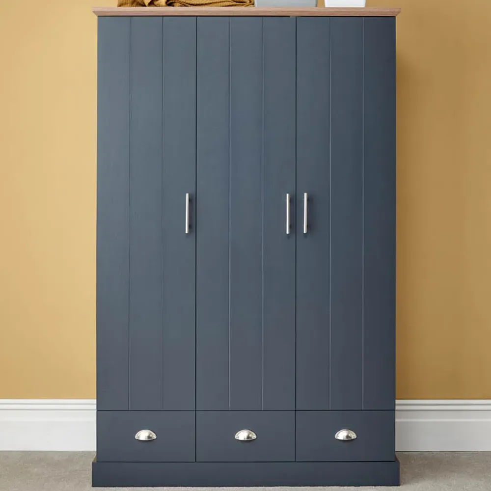 Kendal 3 Door 3 Drawer Wardrobe - Slate Blue, Oak Effect