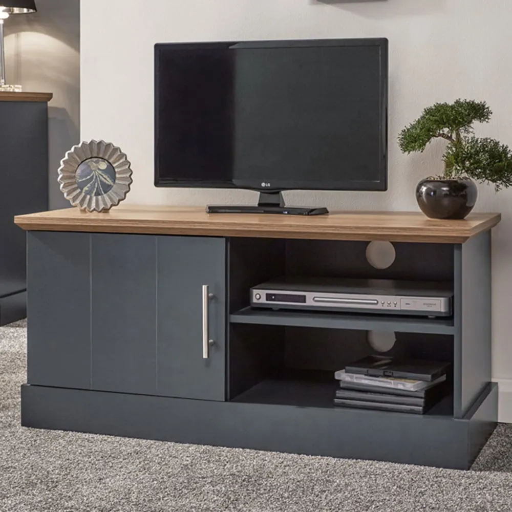 Kendal Small TV Unit with Storage - Blue, Oak image