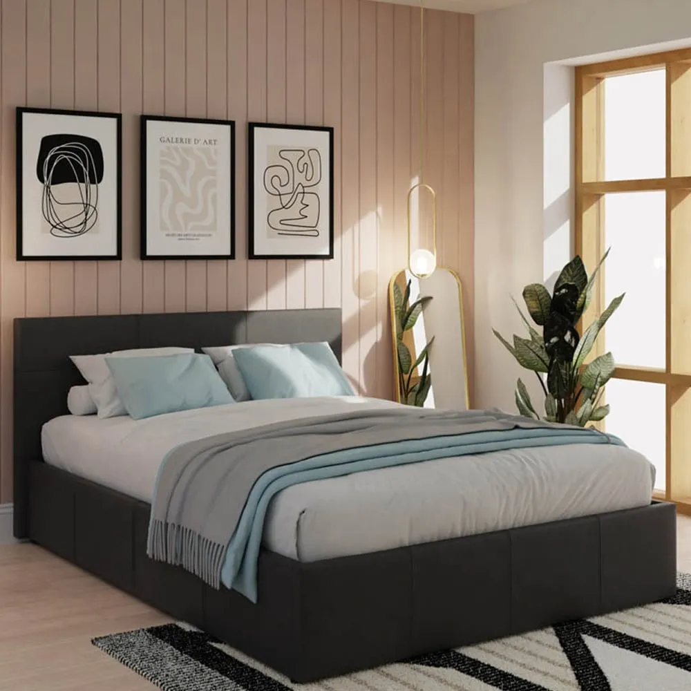 King Size Ottoman Bed with Storage - Black, Faux Leather