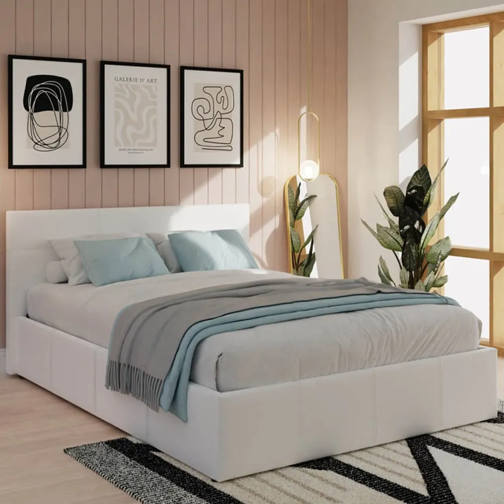 King Size Ottoman Bed with Storage - White, Faux Leather