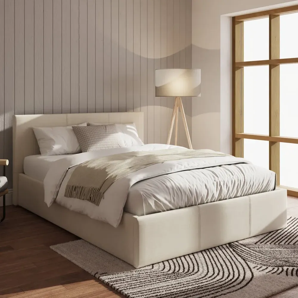 King Size Side Lift Ottoman Bed - Cream, Hopsack