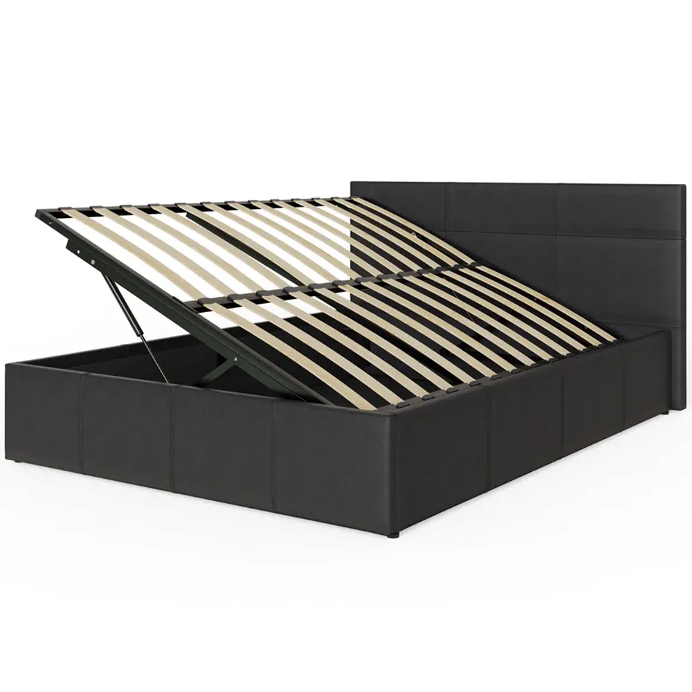 King Size Side Lift Ottoman Bed with Storage - Black, Faux Leather