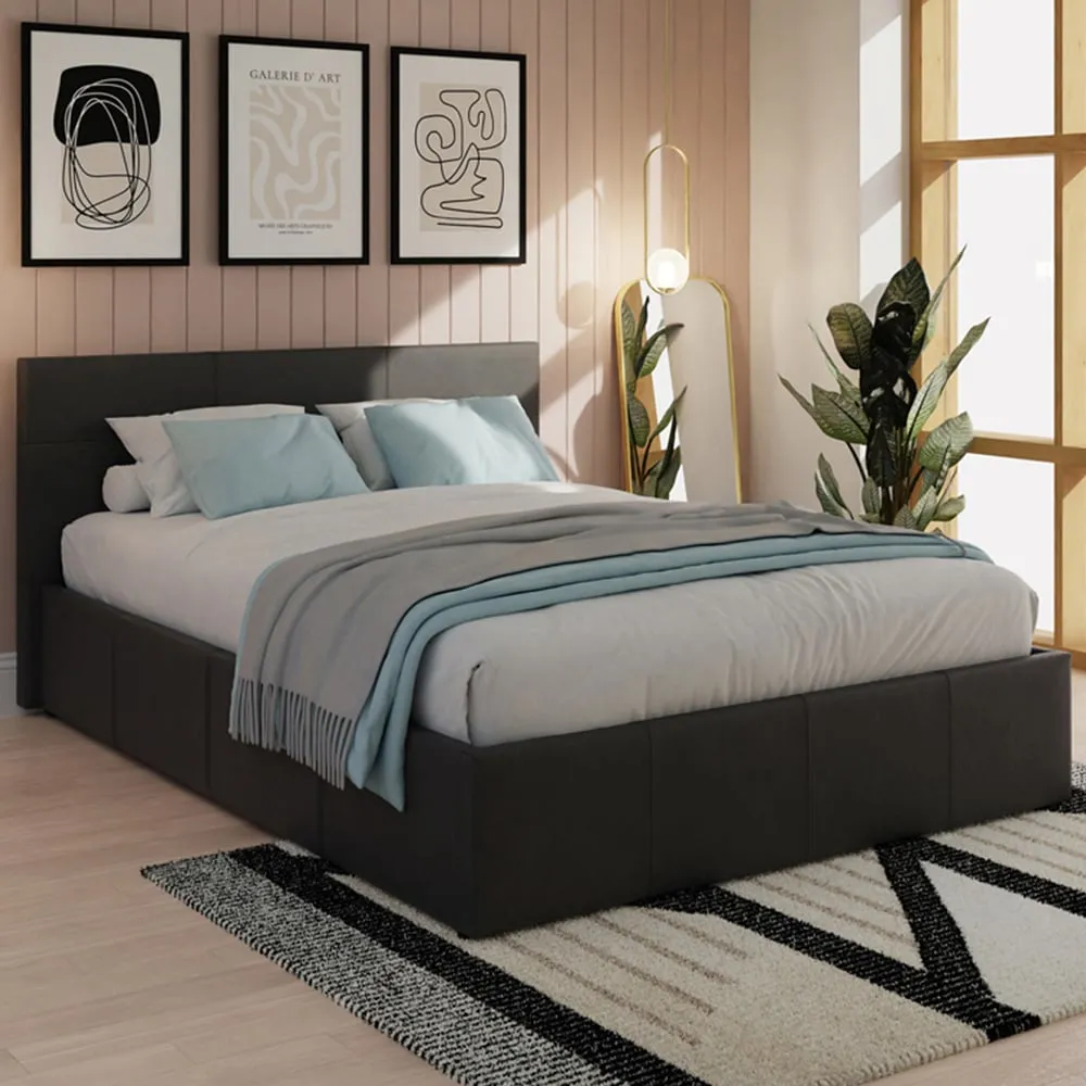King Size Side Lift Ottoman Bed with Storage - Black, Faux Leather