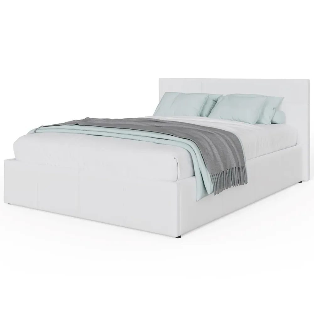 King Size Side Lift Ottoman Bed with Storage - White, Faux Leather