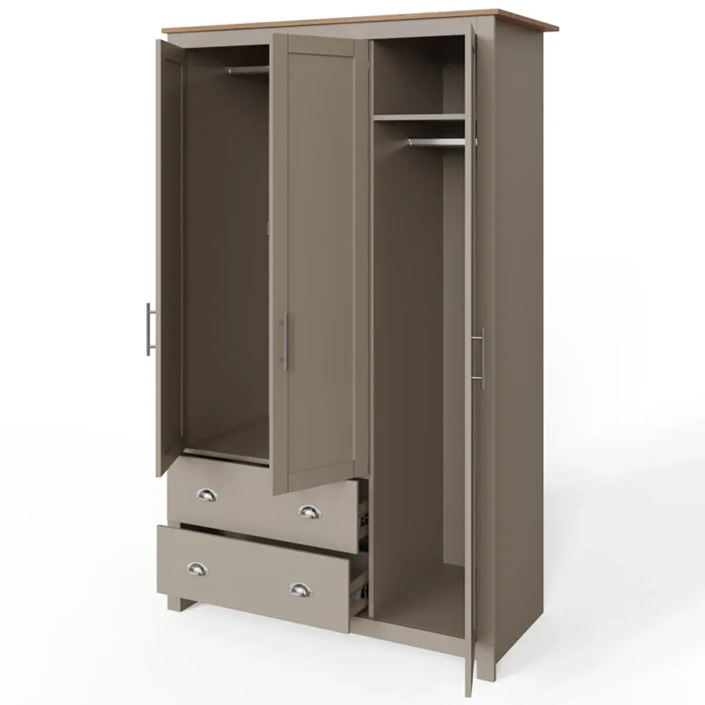 Lancaster 3 Door Wardrobe with Drawers - Grey, Oak