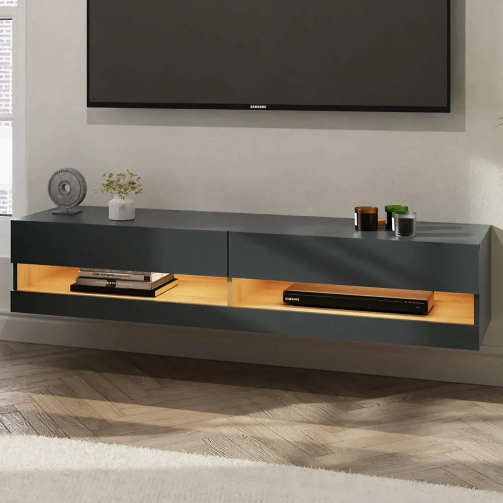 Leon 2 Shelf Wall TV Unit with LED - Anthracite, Oak