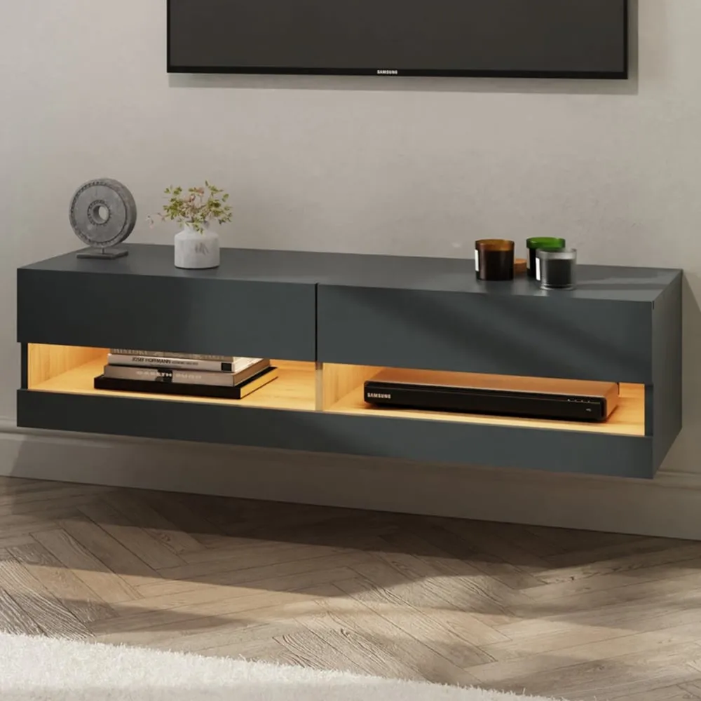 Leon 2 Shelf Wall TV Unit with LED - Anthracite, Oak image