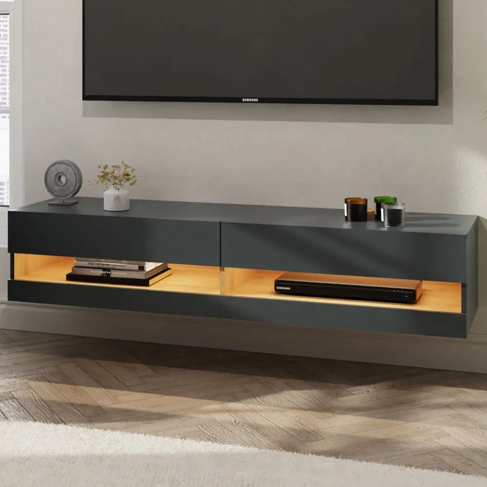 Leon 2 Shelf Wall TV Unit with LED - Anthracite, Oak