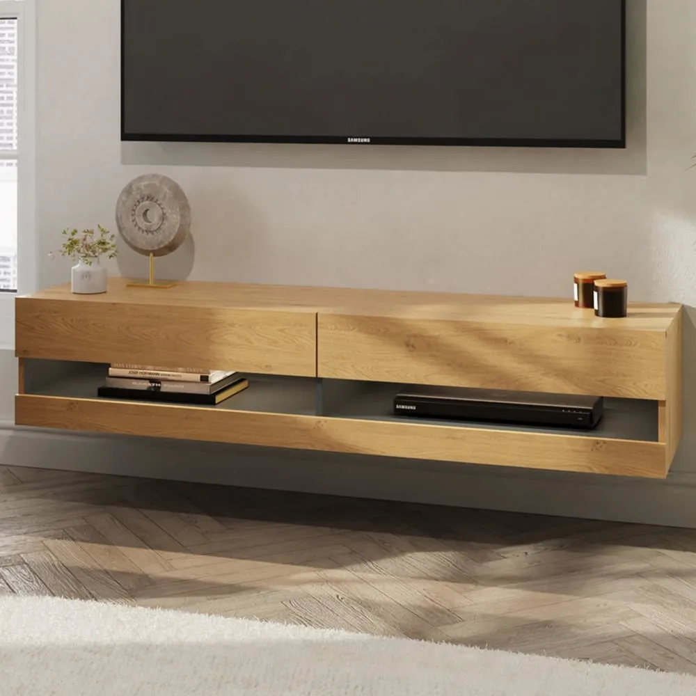Leon 2 Shelf Wall TV Unit with LED - Oak, Anthracite