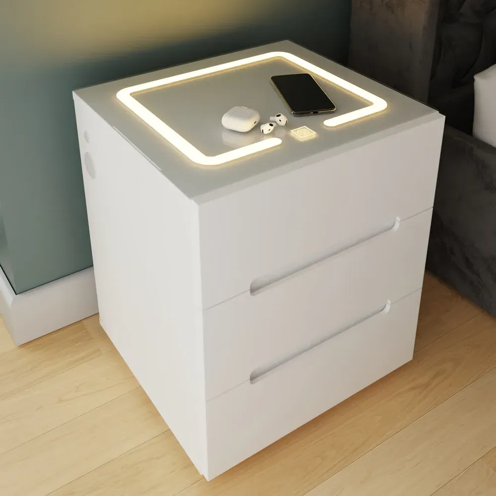 Riley 3 Drawer Bedside Table with Wireless Charging - White