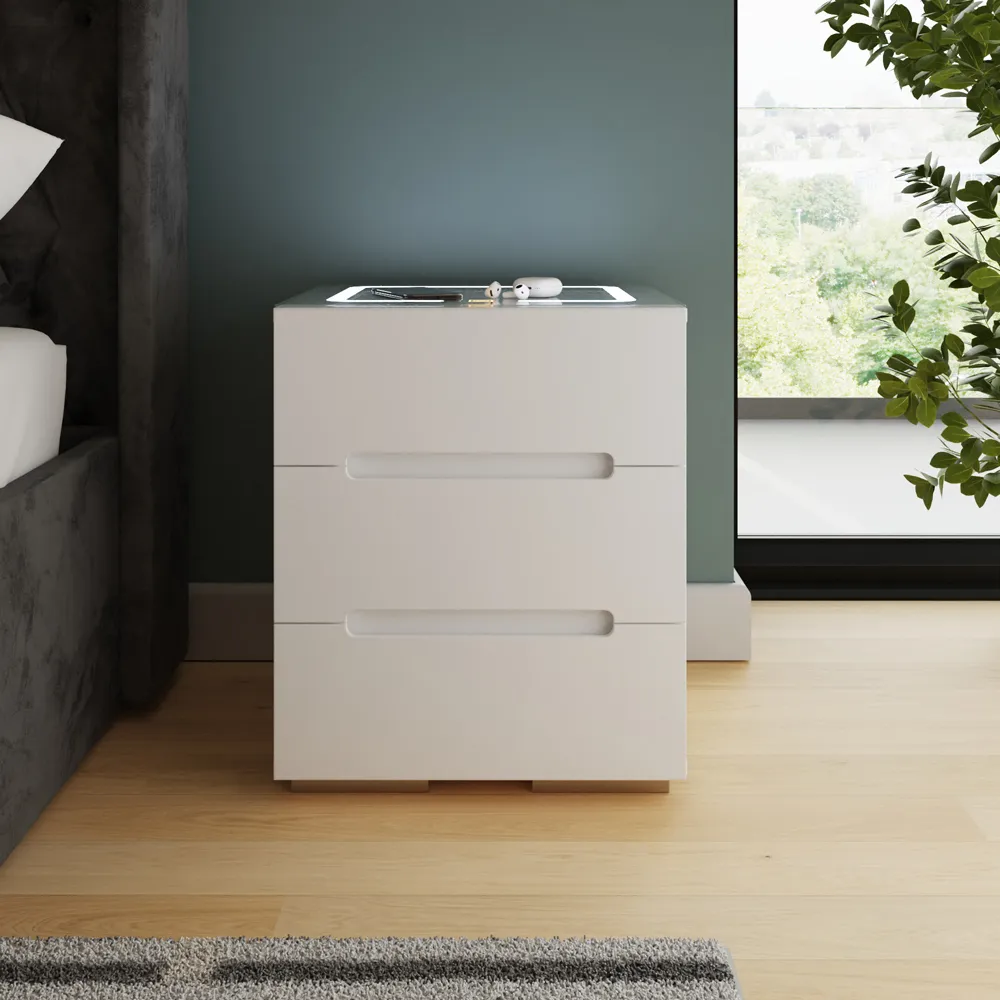 Riley 3 Drawer Bedside Table with Wireless Charging - White