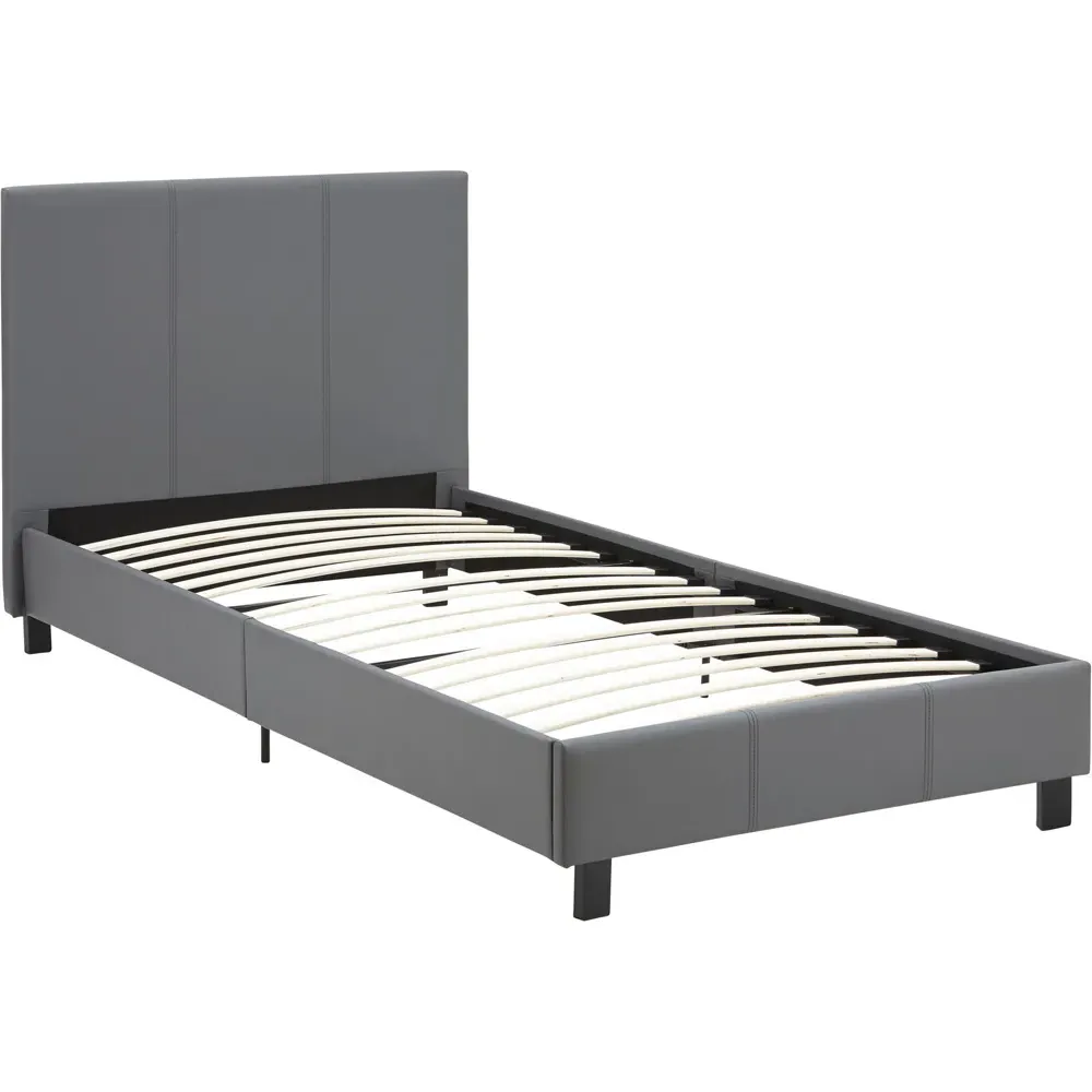 Single Bed Frame with H-Stitched Headboard - Grey, Faux Leather