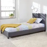 Single Bed Frame with H-Stitched Headboard - Grey, Faux Leather