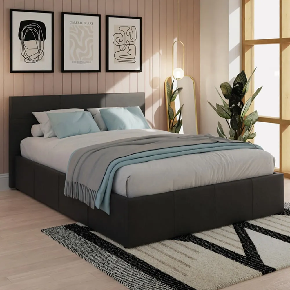Small Double End Lift Ottoman Bed with Storage - Black, Faux Leather