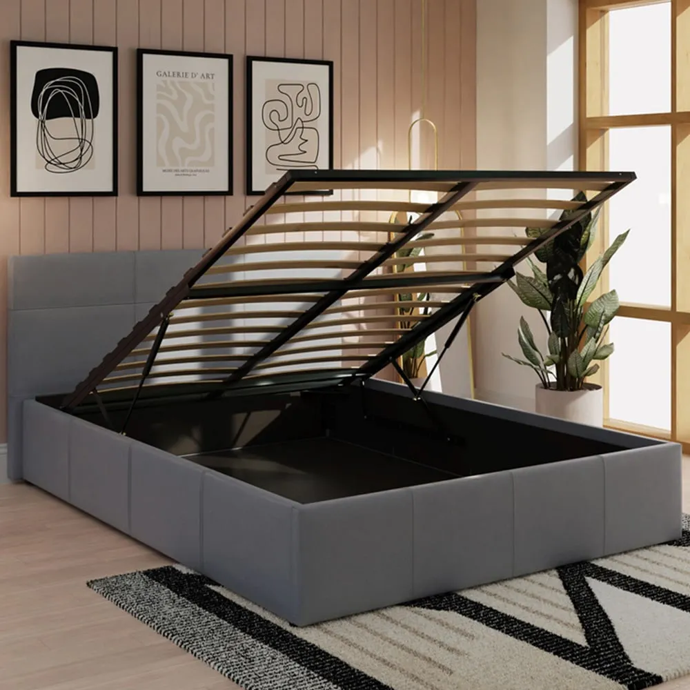 Small Double End Lift Ottoman Bed with Storage - Grey, Faux Leather