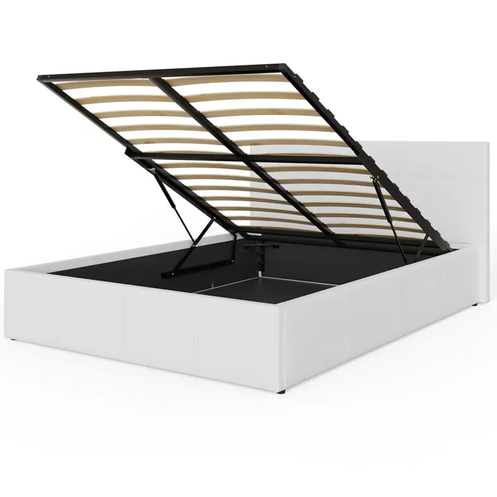 Small Double End Lift Ottoman Bed with Storage - White, Faux Leather