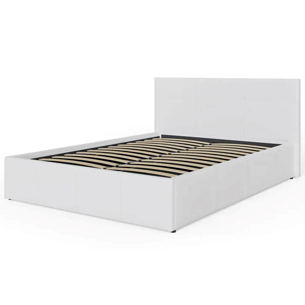 Small Double End Lift Ottoman Bed with Storage - White, Faux Leather