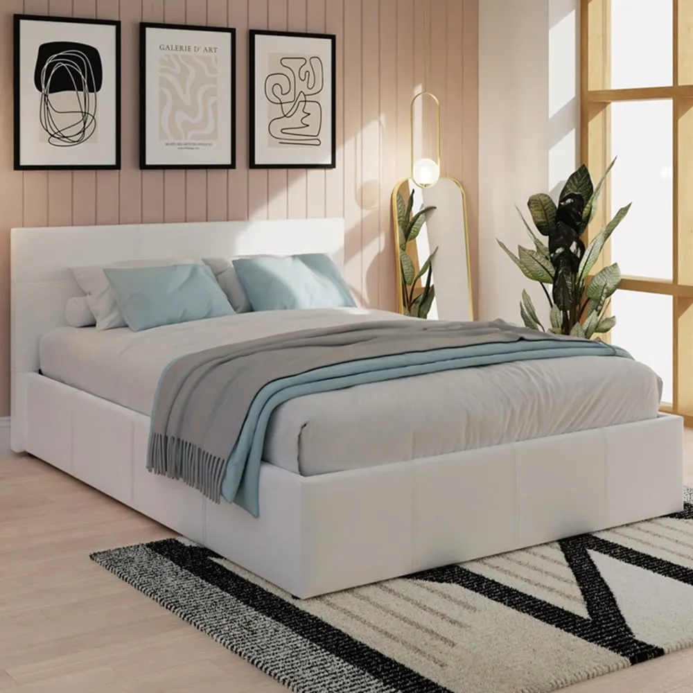 Small Double End Lift Ottoman Bed with Storage - White, Faux Leather