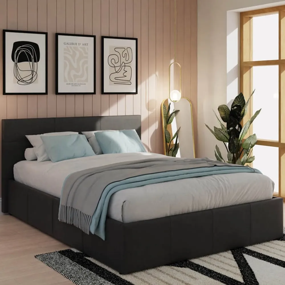 Small Double Ottoman Bed with Storage - Black, Faux Leather