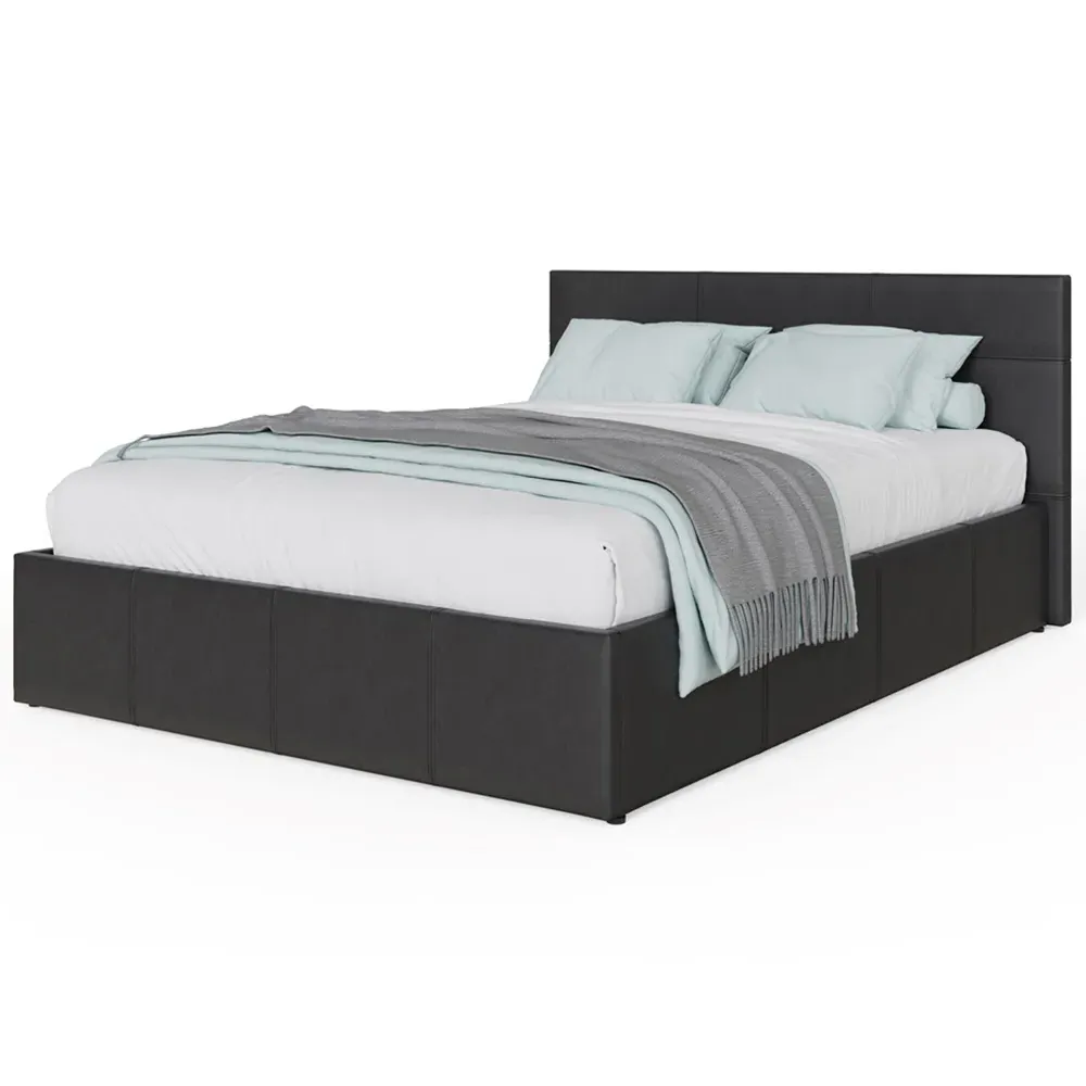 Small Double Side Lift Ottoman Bed with Storage - Black, Faux Leather