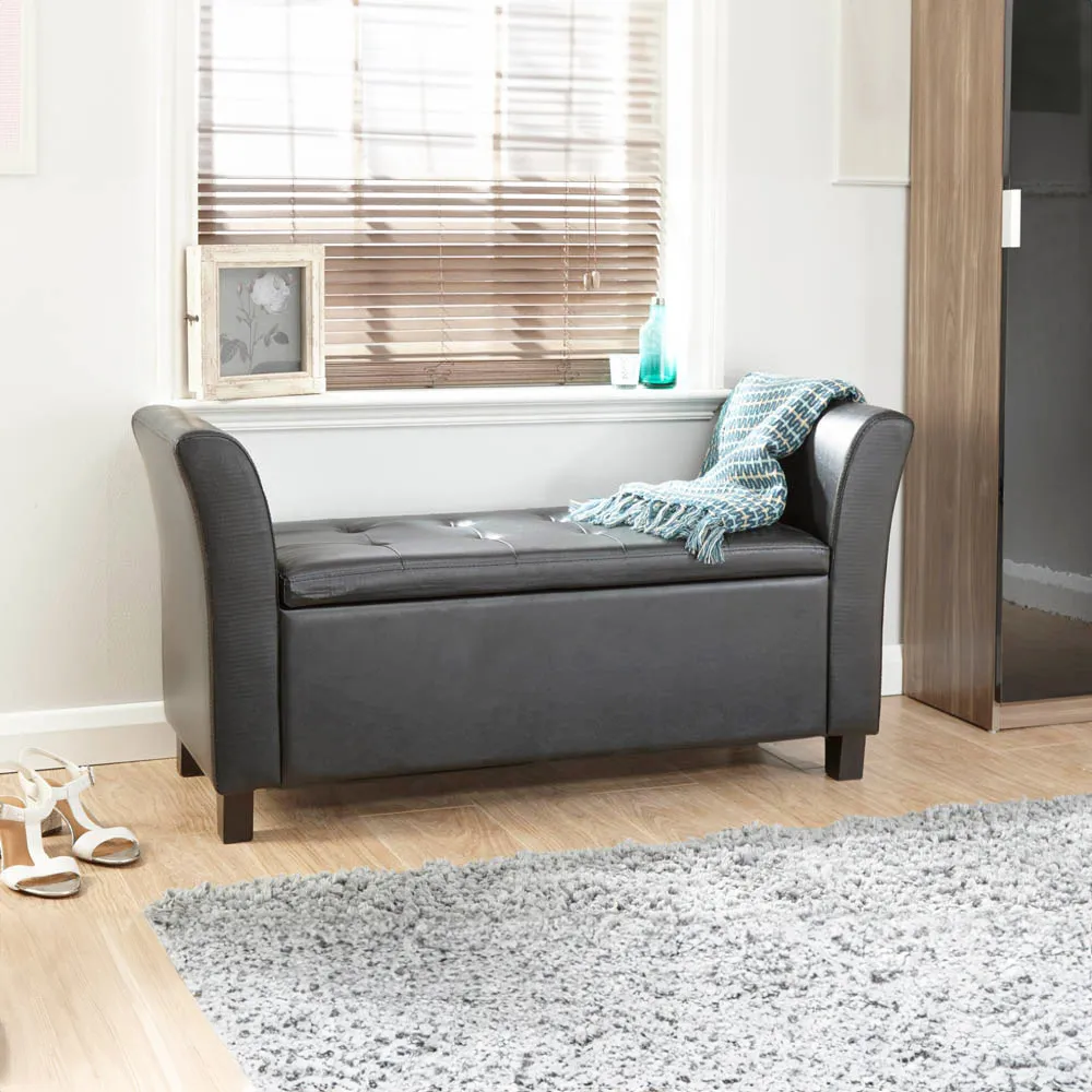 Verona Upholstered Window Seat with Storage - Black, Leather