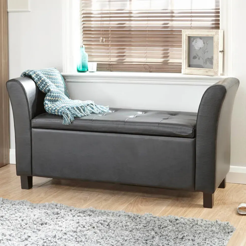 Verona Upholstered Window Seat with Storage - Black, Leather image