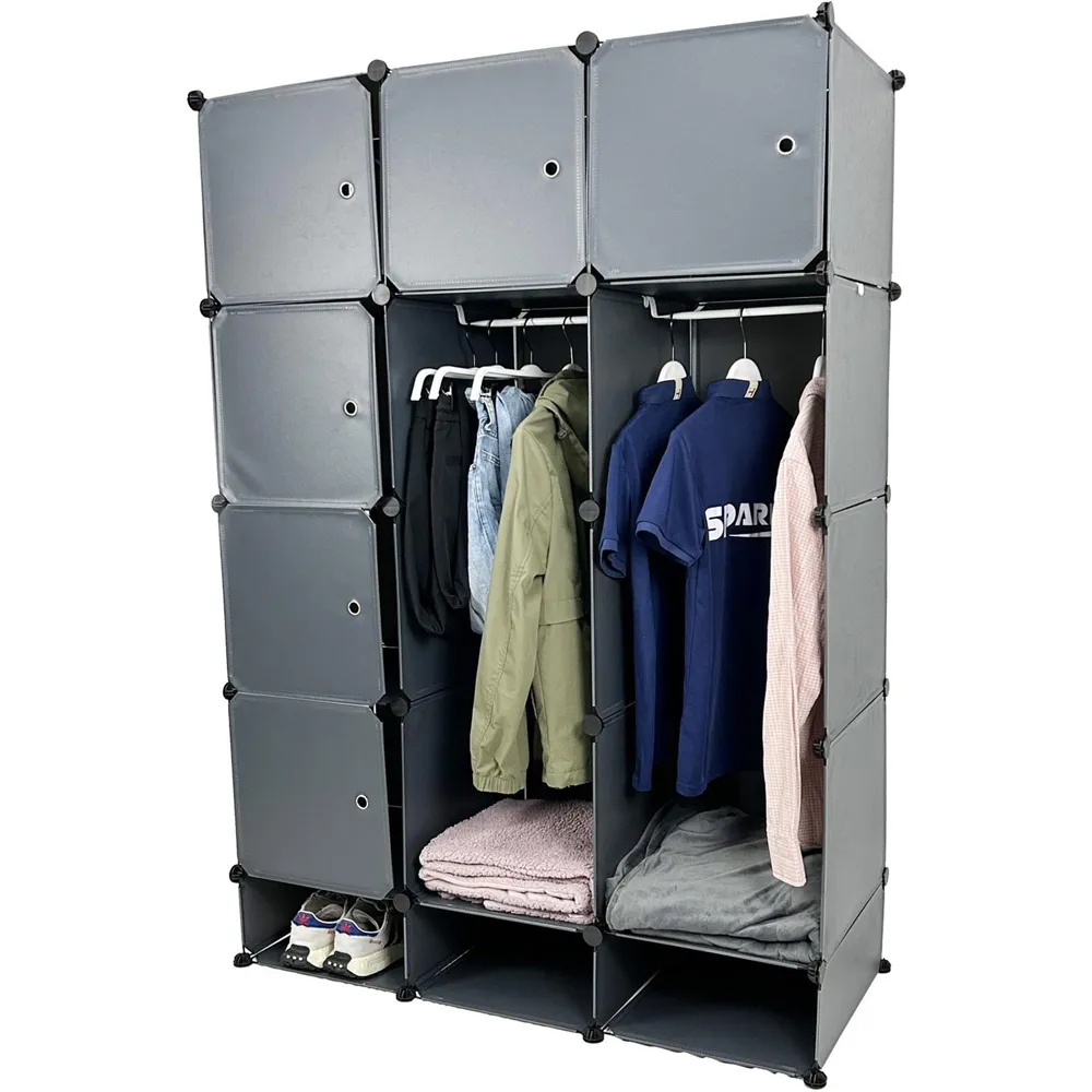 15 Cube Interlocking Wardrobe with Storage - Grey, Plastic
