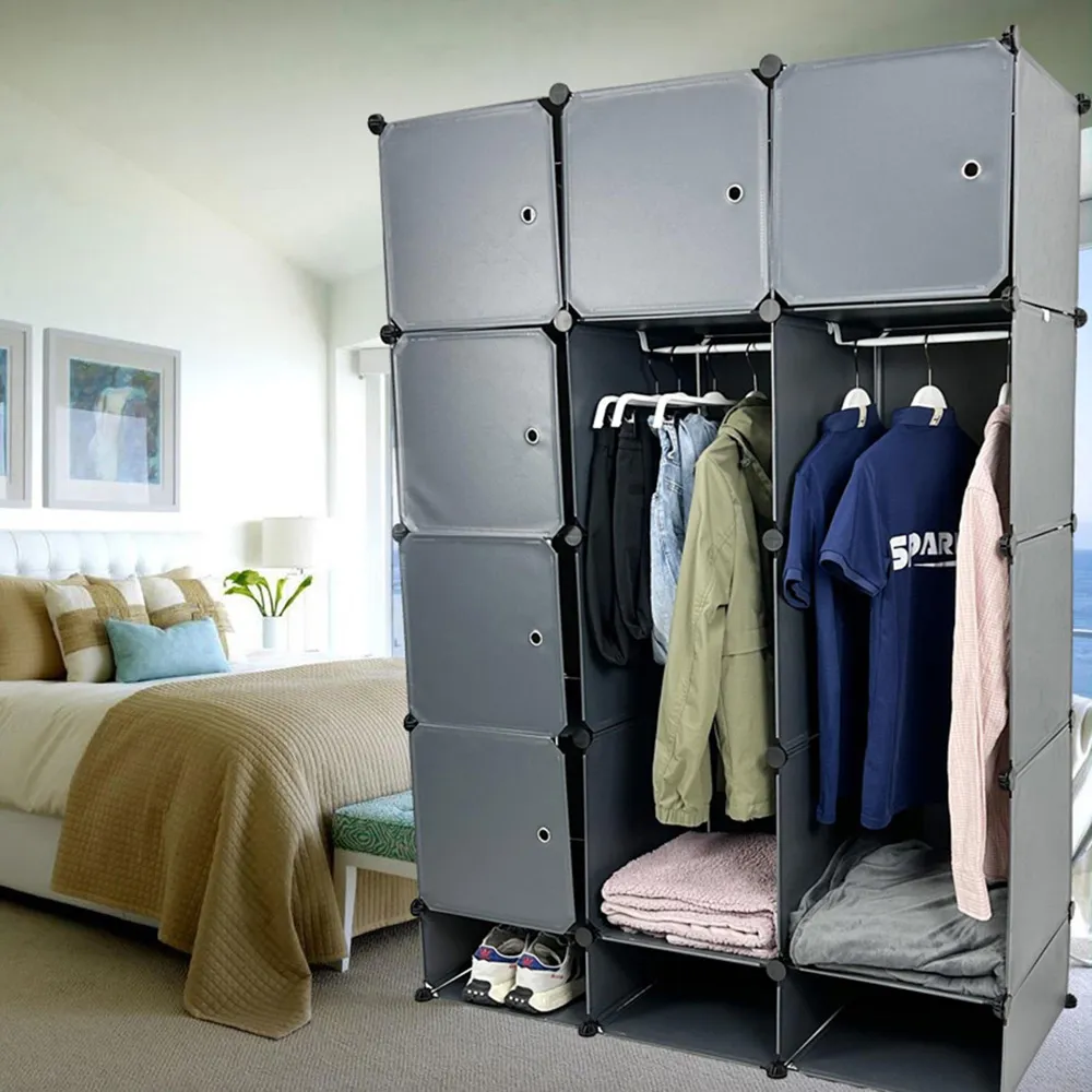 15 Cube Interlocking Wardrobe with Storage - Grey, Plastic