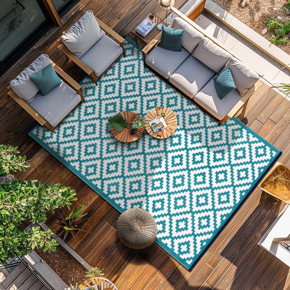 Nirvana Outdoor Rug 120 x 180cm - Teal Blue and White