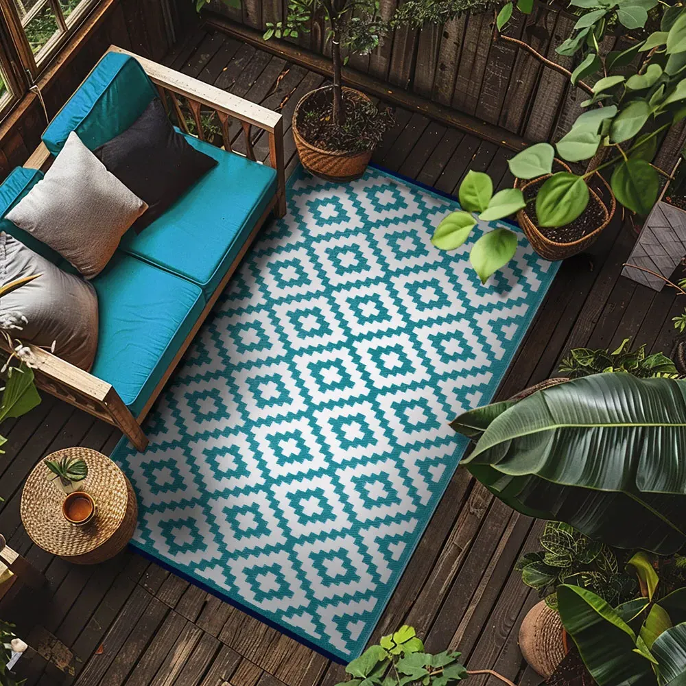 Nirvana Outdoor Rug 120 x 180cm - Teal Blue and White