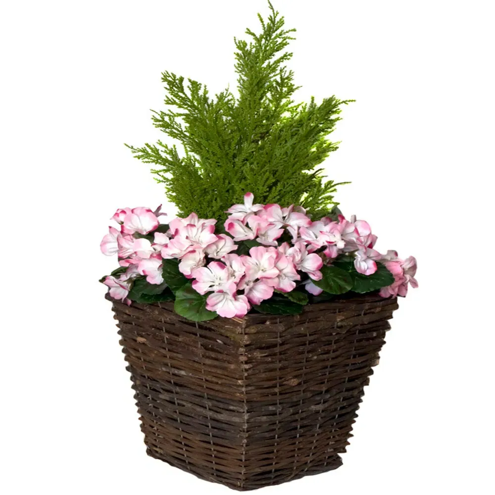 Artificial Pink Geranium Planters - Multi, Rattan