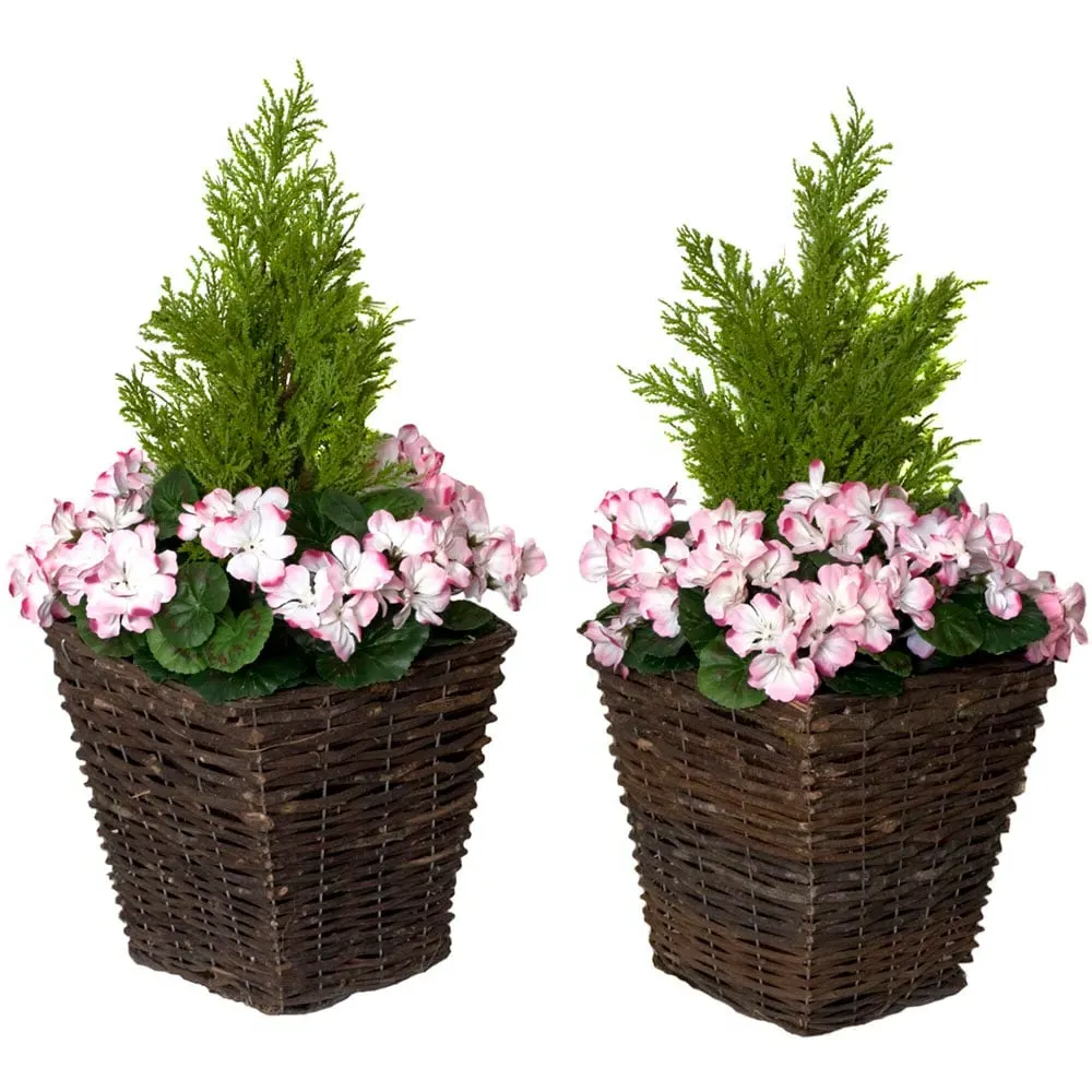 Artificial Pink Geranium Planters - Multi, Rattan image