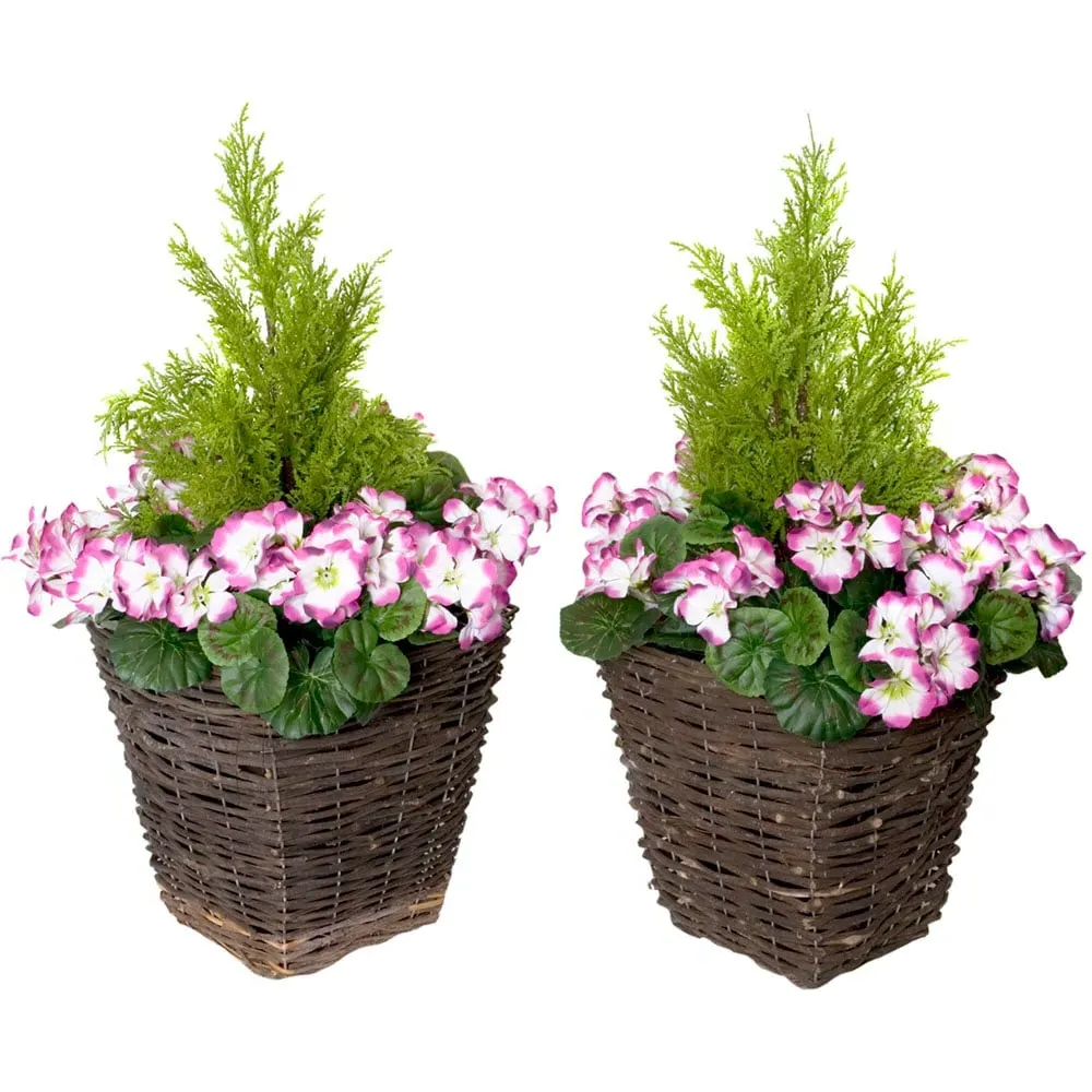 Artificial Purple Geranium Planters - Multi, Rattan